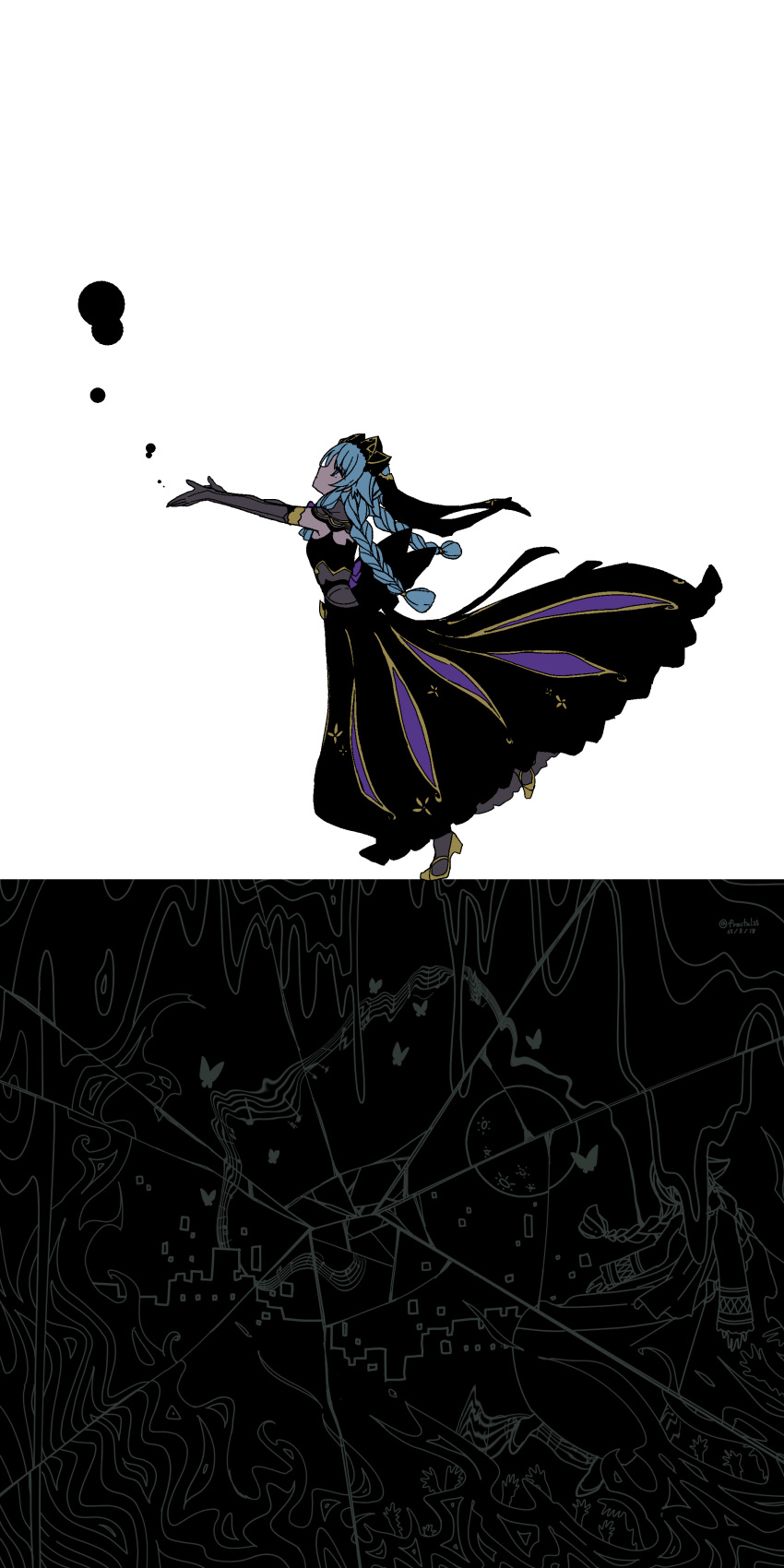 2girls, absurdres, back_ribbon, black_dress, black_gloves, black_ribbon, blue_eyes, blue_hair