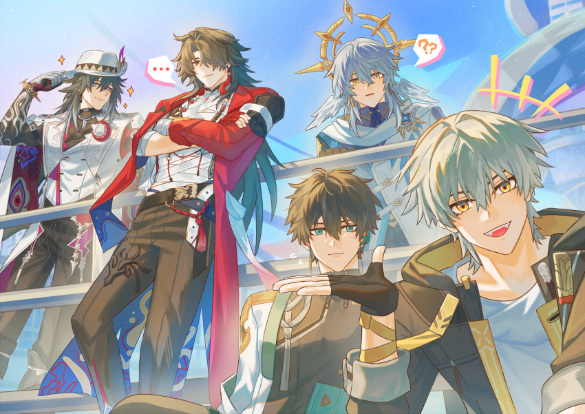 ..., 5boys, ?, ??, adjusting_clothes, adjusting_headwear, against_railing, ashveil_(honkai:_star_rail)
