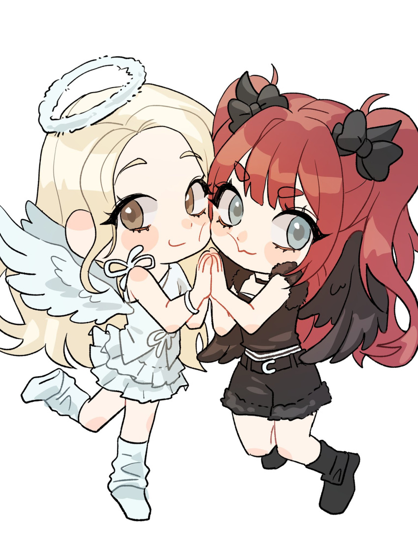 angel_and_devil, angel_wings, animification, black_bow, black_shirt, black_shoes, black_wings, blonde_hair