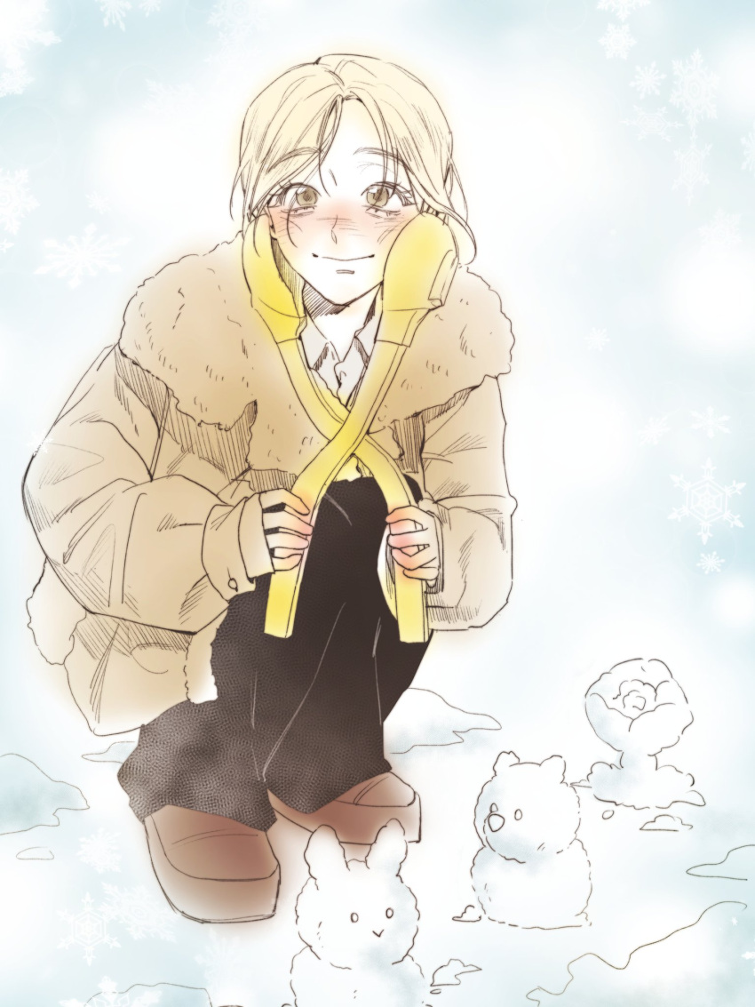 1girl, animification, black_pants, blonde_hair, blush, brown_eyes, brown_jacket, brown_shoes