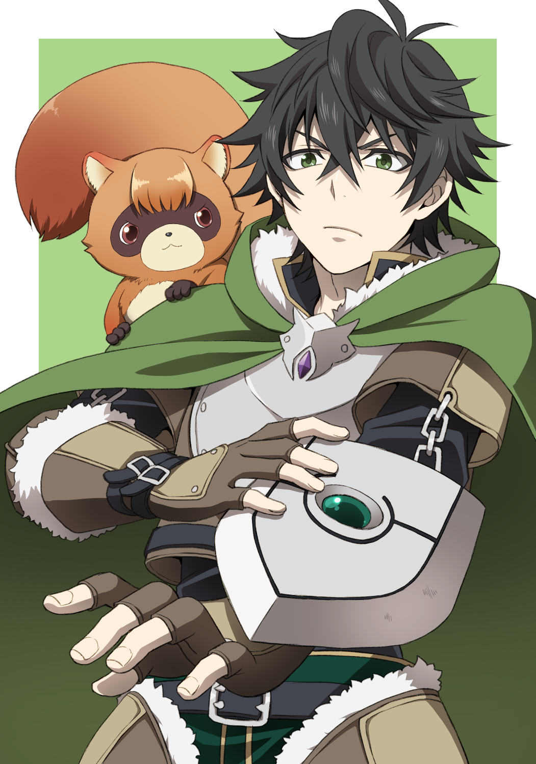 1boy, animal_on_shoulder, arm_shield, armor, belt, black_belt, black_hair, black_shirt