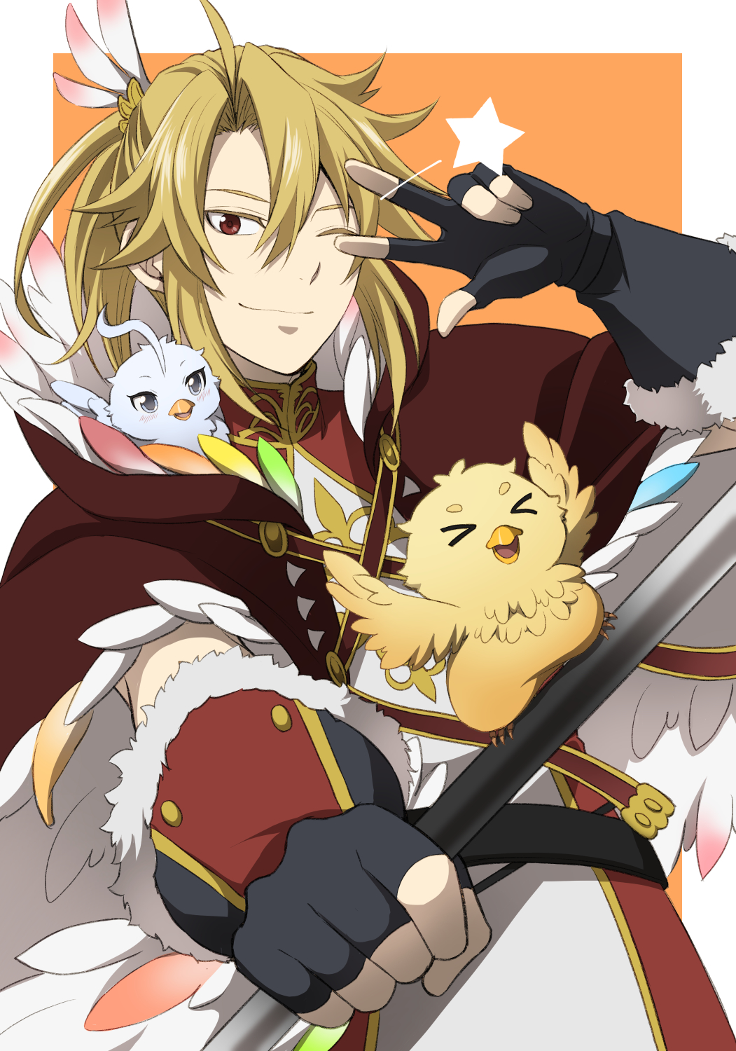>_<, 1boy, ;), animal, animal_in_clothes, animal_on_weapon, belt, black_belt