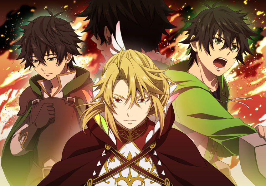 4boys, :|, abstract_background, arm_shield, armor, black_hair, black_shirt, blonde_hair