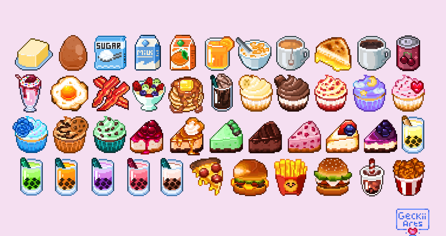 bacon, banana, banana_slice, blue_flower, blue_rose, bowl, bubble_tea, burger, butter, cake, cake_slice, can, cereal, cheese, cheesecake, cherry, cherry_cola, chicken_(food), chocolate, chocolate_icing, chocolate_syrup, clouds, coffee, coffee_mug, cola, commentary, cookie, crescent, cup, cupcake, drink, drink_can, drink_carton, drinking_straw, egg_(food), english_commentary, flower, food, food_focus, french_fries, fried_chicken, fried_egg, fruit, fruit_salad, geckiiarts, grilled_cheese, heart, icing, juice, juice_carton, maple_syrup, milk, milk_carton, milkshake, mint_chocolate, mug, no_humans, orange_(fruit), orange_juice, orange_slice, original, pancake, pancake_stack, pixel_art, pizza, pizza_slice, purple_background, red_velvet_cake, rose, sandwich, simple_background, soda, soda_can, spoon, sprinkles, still_life, syrup, tea, teabag, whipped_cream