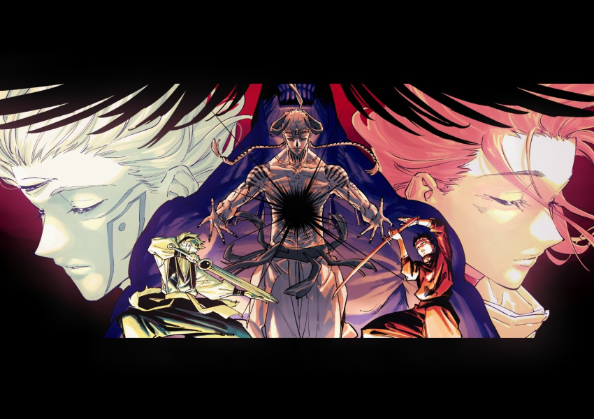 1girl, 1other, 4boys, arm_tattoo, black_hair, black_jacket, black_pants, closed_eyes