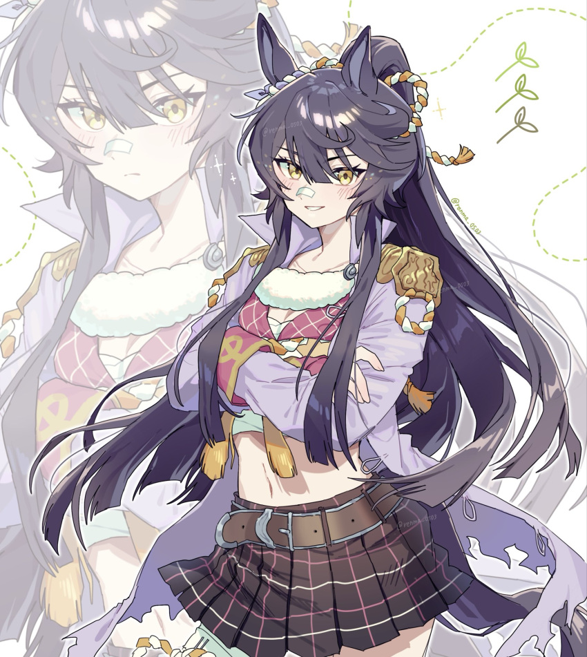 1girl, animal_ears, bandaid, bandaid_on_face, bandaid_on_nose, belt, black_hair, black_skirt