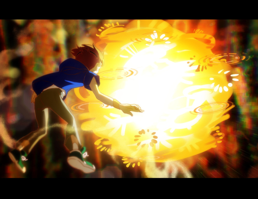 blue_hoodie, brown_hair, commentary_request, digimon, digimon_ghost_game, digimon_tamers, dokk_q, energy_ball, floating, from_behind, henshin, highres, hood, hoodie, korean_commentary, matsuda_takato, pants, shirt, transformation, white_shirt