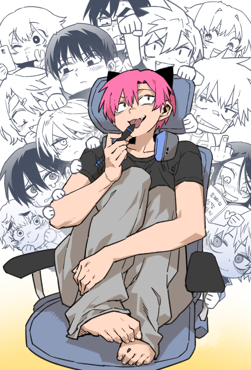 >_o, 2girls, 6+boys, :<, animal_ears, baek_gwanghwi, bandaid, bandaid_on_face