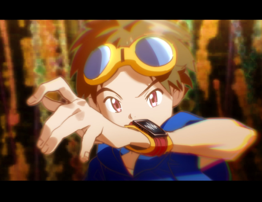 1boy, blue_hoodie, brown_hair, child, commentary_request, digimon, digimon_ghost_game, digimon_tamers