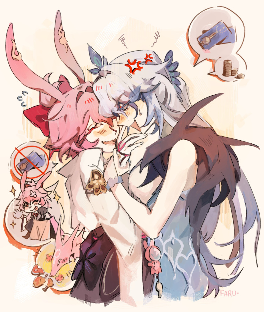 2girls, absurdres, anger_vein, animal_ears, bag, blue_dress, blue_eyes, closed_eyes