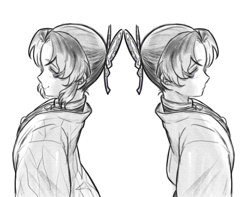 2girls, butterfly_hair_ornament, closed_mouth, commentary_request, curtained_hair, demon_slayer_uniform, dual_persona, expressionless