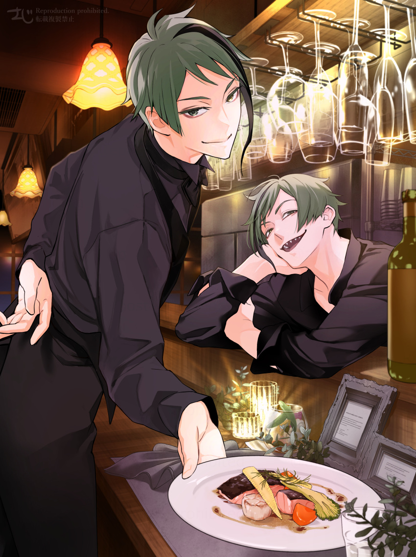 2boys, absurdres, apron, arm_behind_back, bar_(place), black_apron, black_shirt, blue_eyes