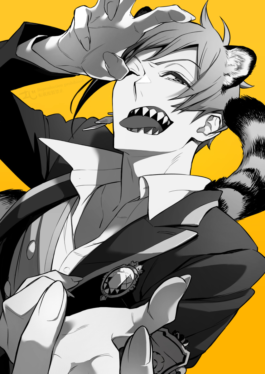 1boy, animal_ears, claw_pose, commentary_request, floyd_leech, greyscale_with_colored_background, hands_up, highres