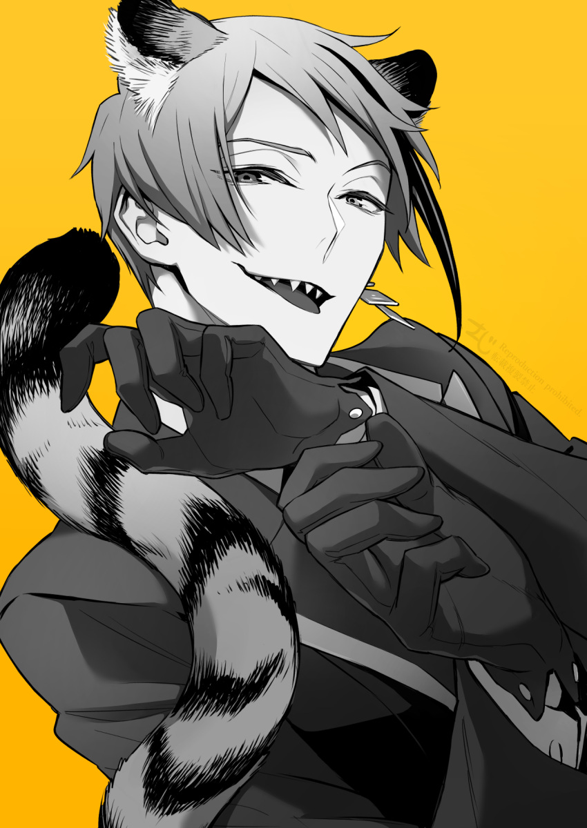 1boy, animal_ears, claw_pose, commentary_request, greyscale_with_colored_background, hands_up, highres, jade_leech