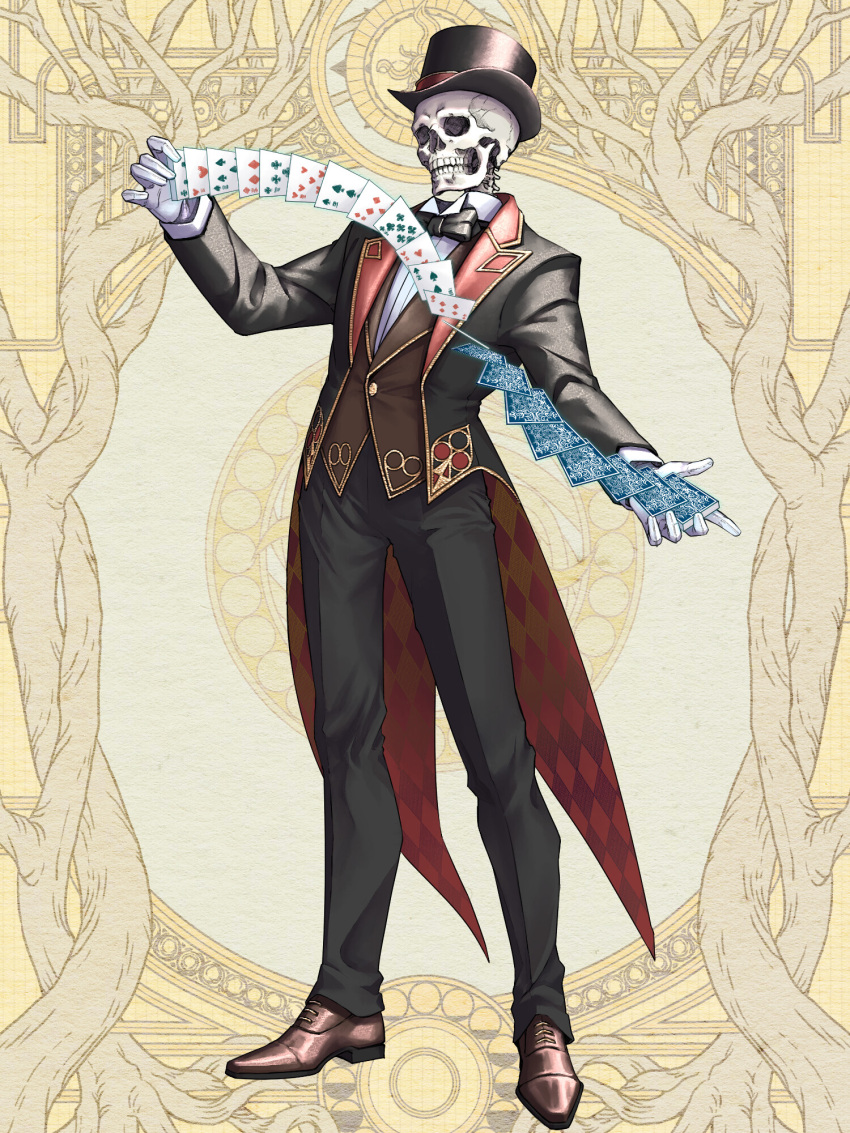 1boy, black_hat, black_pants, brown_shoes, brown_vest, card, dairoku_ryouhei, full_body, gloves, hat, highres, holding, holding_card, jinkichi_(y_nikichi11044), pants, playing_card, shoes, skeleton, solo, standing, tailcoat, top_hat, vest, white_gloves, yellow_background