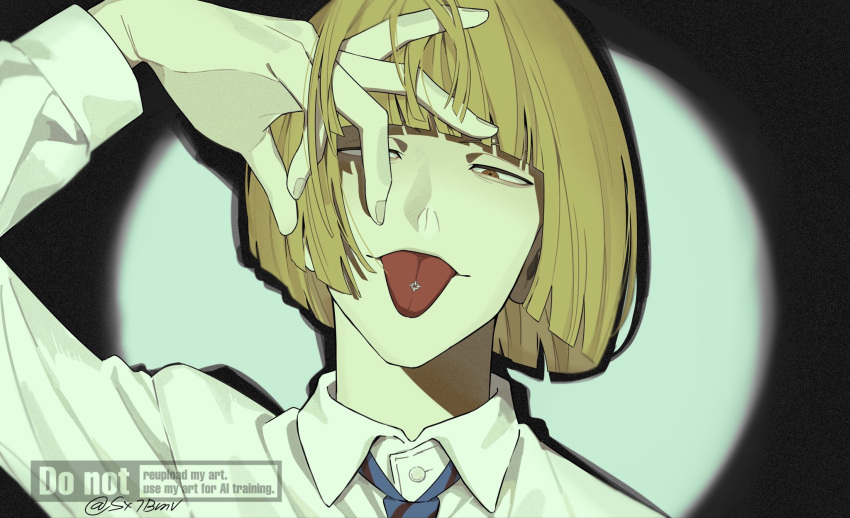 1boy, bleach, blonde_hair, blue_necktie, blunt_bangs, blunt_ends, brown_eyes, commentary_request, dress_shirt, fingernails, hand_in_own_hair, highres, hirako_shinji, horizontal_spotlight, male_focus, necktie, shirt, short_hair, solo, sx1bmv, tongue, tongue_out, twitter_username, watermark, white_shirt