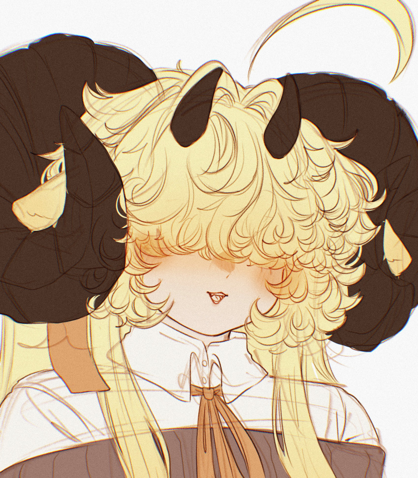 absurdres, blonde_hair, blush, bow, cheru_(cheruleanart), chromatic_aberration, commentary, curled_horns
