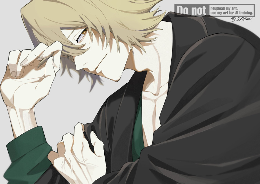 1boy, adam's_apple, beard_stubble, bleach, blonde_hair, brown_eyes, closed_mouth, commentary_request