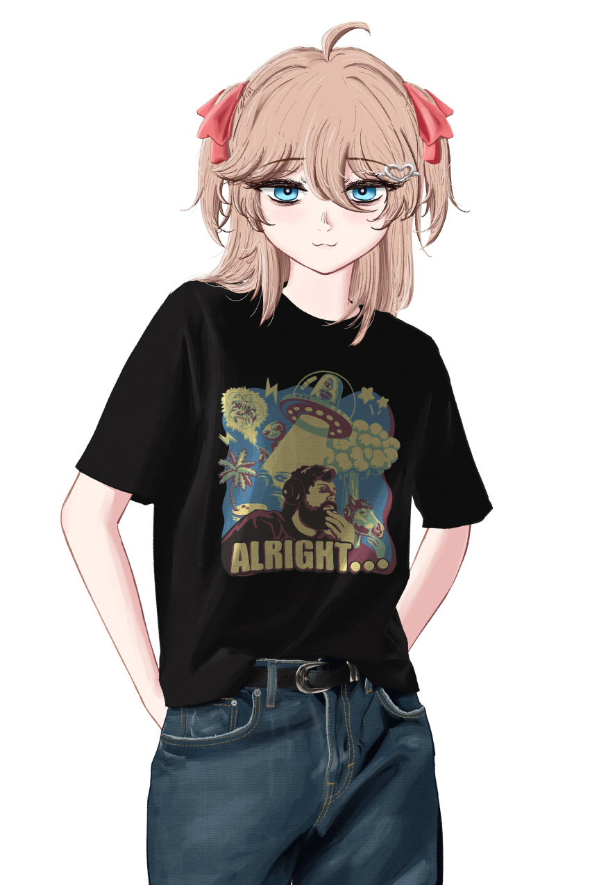 1girl, :3, absurdres, ahoge, alien, alternate_costume, arms_behind_back, belt, black_belt, black_shirt, blue_eyes, brown_hair, closed_mouth, commentary, cowboy_shot, davotvk, denim, english_commentary, english_text, forsen, full_body, hair_between_eyes, hair_ornament, hair_ribbon, heart, heart_hair_ornament, highres, horse, jeans, long_hair, looking_at_viewer, neuro-sama, panties, pants, red_ribbon, ribbon, shirt, shirt_partially_tucked_in, short_sleeves, simple_background, solo, two_side_up, ufo, underwear, vedal_ai, virtual_youtuber, white_background, white_panties