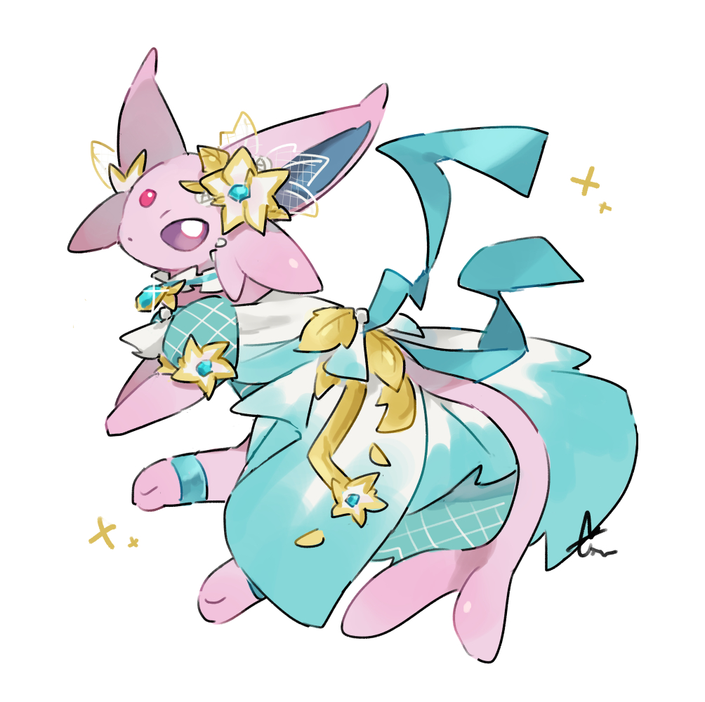 aqua_dress, clothed_pokemon, commentary_request, dress, espeon, espeon_(dryad), flower, forehead_jewel