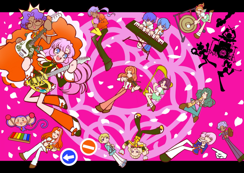 6+boys, 6+girls, arisugawa_juri, blonde_hair, blue_eyes, bow_(music), brown_hair, chida_mamiya