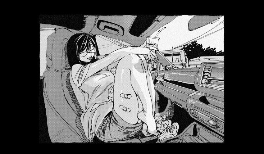1girl, :p, bandaid, bandaid_on_leg, bandaid_on_thigh, black_border, border, breasts, car_interior, cup, greyscale, hachinuki_tessei, highres, holding, holding_cup, jimiko, jitome, looking_at_viewer, mob_face, moire, monochrome, original, round_eyewear, semi-rimless_eyewear, she_(hachinuki_tessei), shirt, shoes, short_hair, shorts, sitting, sneakers, solo, t-shirt, tongue, tongue_out, under-rim_eyewear, unworn_shoes