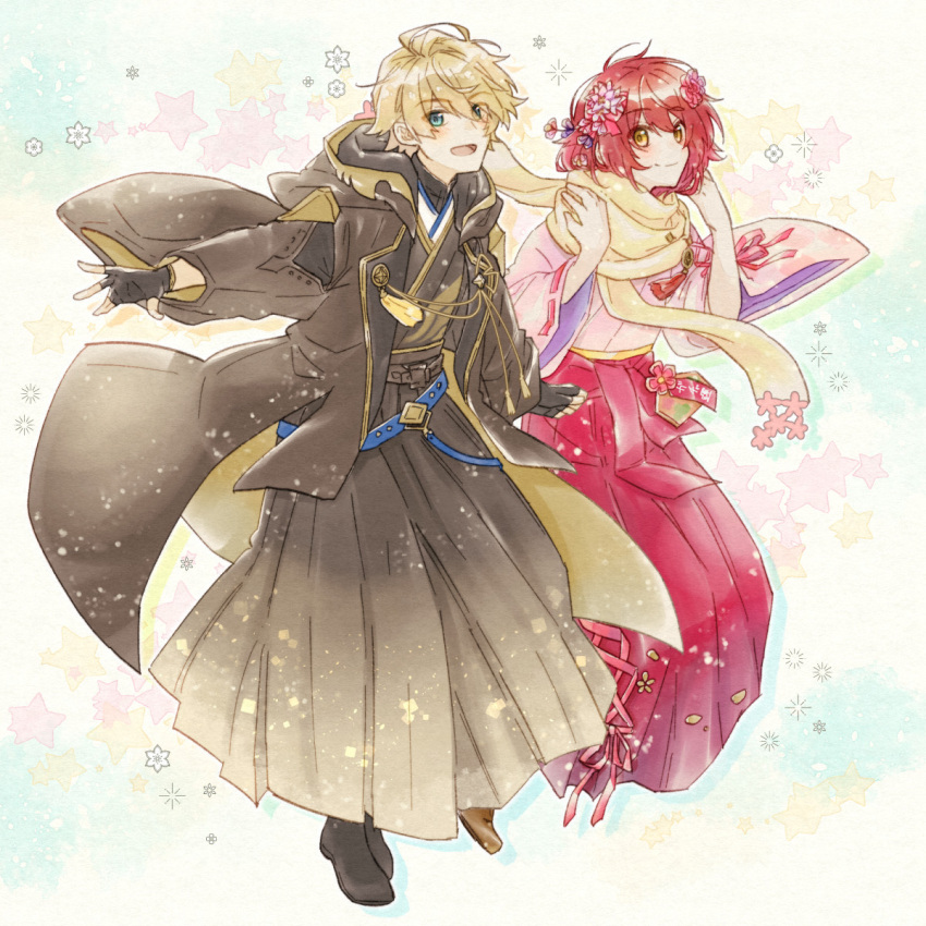 2boys, androgynous, belt, black_coat, black_gloves, black_hakama, black_kimono, blonde_hair