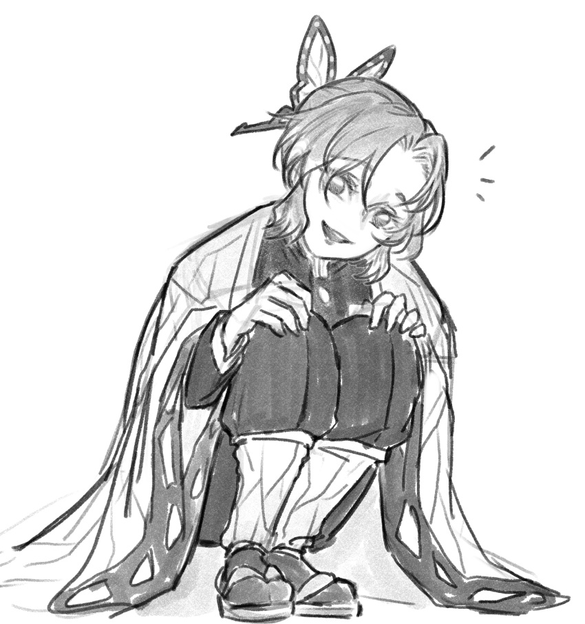 1girl, animal_print, butterfly_hair_ornament, butterfly_print, butterfly_print_haori, commentary, demon_slayer_uniform, full_body
