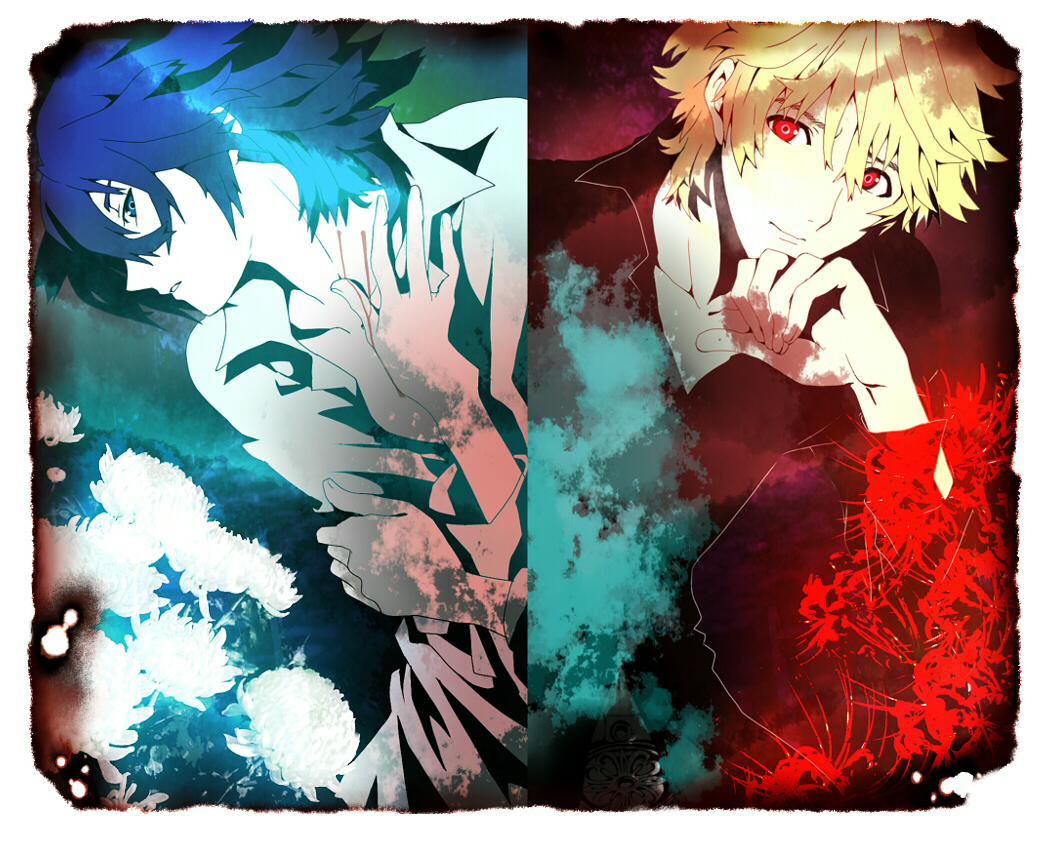 2boys, blonde_hair, blood_from_neck, blue_eyes, blue_hair, border, chrysanthemum, collared_shirt