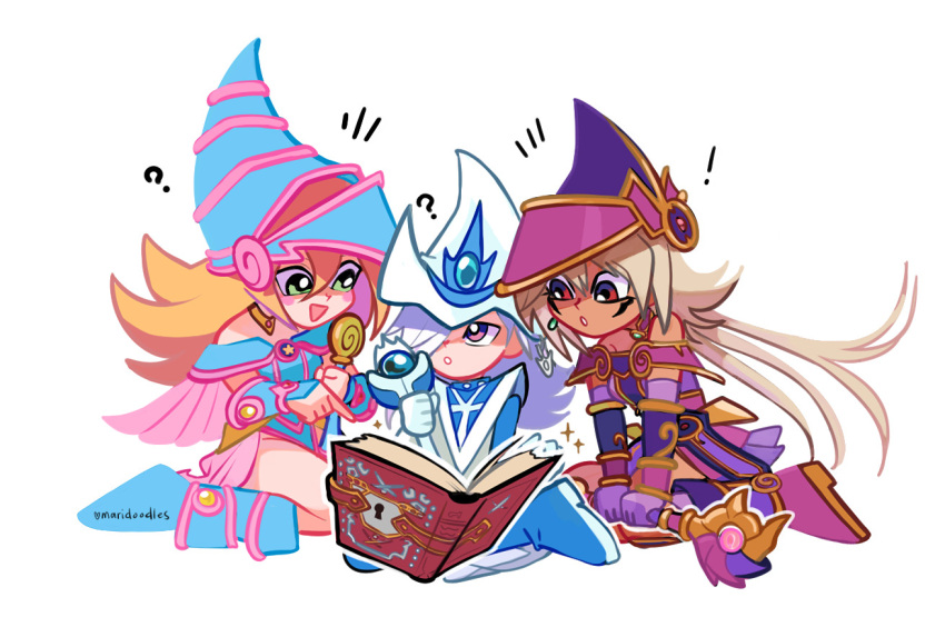 3girls, ?, apprentice_illusion_magician, blonde_hair, blue_hat, blue_shoes, boots, dark_magician_girl