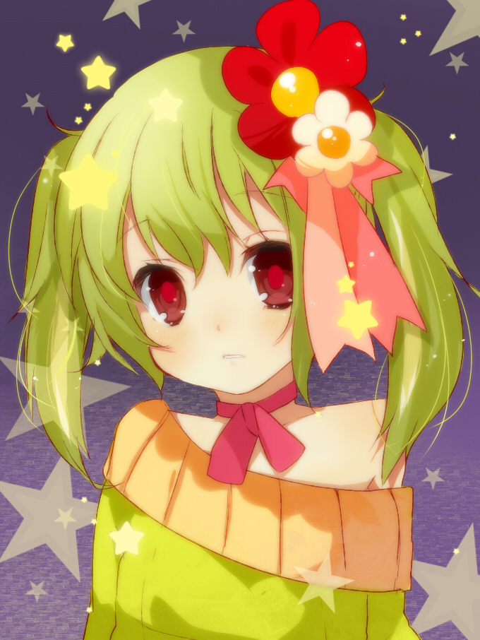 bare_shoulders, flower, green_hair, hair_flower, hair_ornament, livly_island, looking_at_viewer, marlin_suzuki, personification, red_eyes, ribbon_choker, ringed_eyes, solo, star, twintails