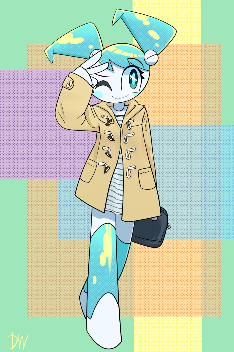 1girl, arm_up, bag, blue_hair, brown_jacket, closed_mouth, clothed_robot, colored_skin