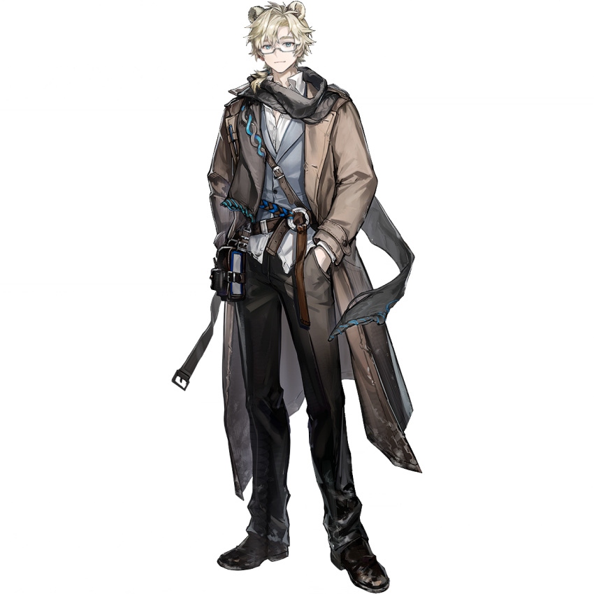 1boy, animal_ears, arknights, banque_(edrukine), bear_boy, bear_ears, belt, black_boots, black_pants, black_scarf, blonde_hair, blue_vest, boots, brown_coat, closed_mouth, coat, full_body, glasses, hair_over_shoulder, hands_in_pockets, highres, long_sleeves, matvei_(arknights), official_art, open_clothes, open_coat, pants, scarf, semi-rimless_eyewear, shirt, shoulder_belt, single_hair_intake, smile, solo, swept_bangs, tachi-e, third-party_source, transparent_background, vest, white_shirt