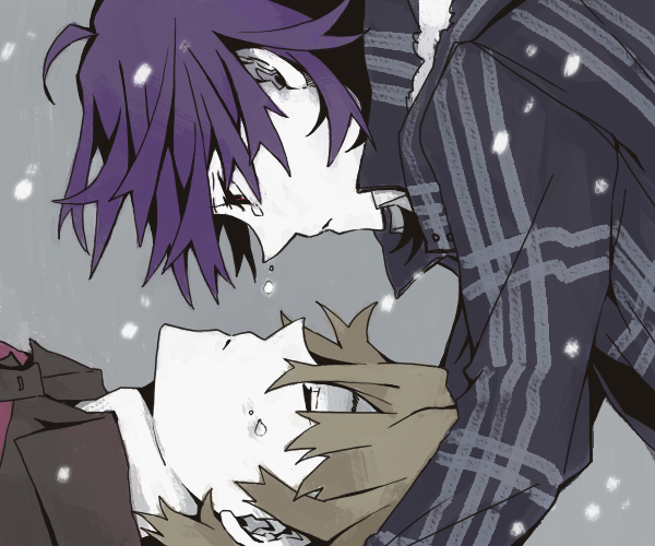 2boys, blonde_hair, closed_eyes, commentary_request, crying, crying_with_eyes_open, grey_background, karasmo