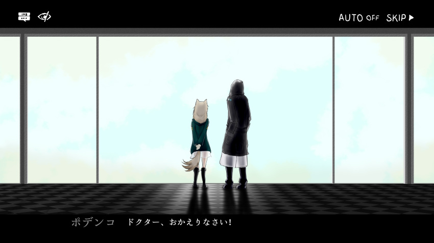 1girl, 1other, absurdres, animal_ears, arknights, arms_behind_back, black_boots, blonde_hair