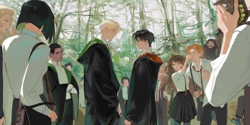 1other, 5girls, 6+boys, :d, arms_at_sides, bag, beard, black_hair, black_robe, black_skirt, blaise_zabini, blonde_hair, blue_eyes, blunt_ends, bob_cut, breasts, brown_bag, brown_hair, character_request, collared_shirt, colored_inner_hair, commentary, confrontation, covering_another's_eyes, covering_own_mouth, cowboy_shot, crowd, dark-skinned_male, dark_skin, day, draco_malfoy, dress_shirt, eye_contact, face-to-face, facial_hair, facing_away, forest, glasses, green_hair, green_necktie, green_robe, gryffindor, half-closed_eyes, hand_up, harry_potter, harry_potter_(series), height_difference, hermione_granger, highres, hogwarts_school_uniform, holding, holding_bag, holding_strap, house, hss_(echochamberrrrr), hut, leaning_forward, long_hair, long_sleeves, looking_at_another, loose_necktie, messenger_bag, multicolored_hair, multiple_boys, multiple_girls, mustache, nature, necktie, open_clothes, open_mouth, open_robe, outdoors, pansy_parkinson, parted_lips, people, pleated_skirt, red_hair, red_necktie, red_robe, robe, ron_weasley, round_eyewear, rubeus_hagrid, scene_reference, school_uniform, shirt, short_hair, shoulder_bag, skirt, sky, slytherin, small_breasts, smile, squeans, standing, sweatdrop, tree, two-sided_fabric, two-tone_hair, untranslatable_commentary, very_dark_skin, very_long_hair, wavy_hair, white_shirt, white_sky, wide_sleeves, wizarding_world, worried