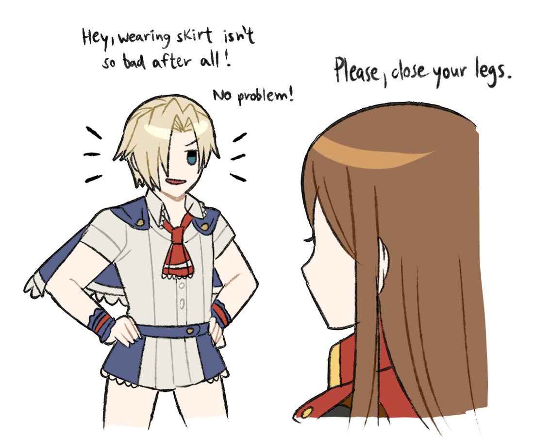 1boy, 1girl, ascot, blonde_hair, blue_capelet, blue_eyes, brown_hair, capelet, castlevania:_portrait_of_ruin, castlevania_(series), charlotte_aulin, charlotte_aulin_(cosplay), cosplay, hair_over_one_eye, hands_on_own_hips, jonathan_morris, jonathan_morris_(cosplay), long_hair, maji_(majibomber), red_ascot, shirt, simple_background, skirt, smile, white_background, white_shirt