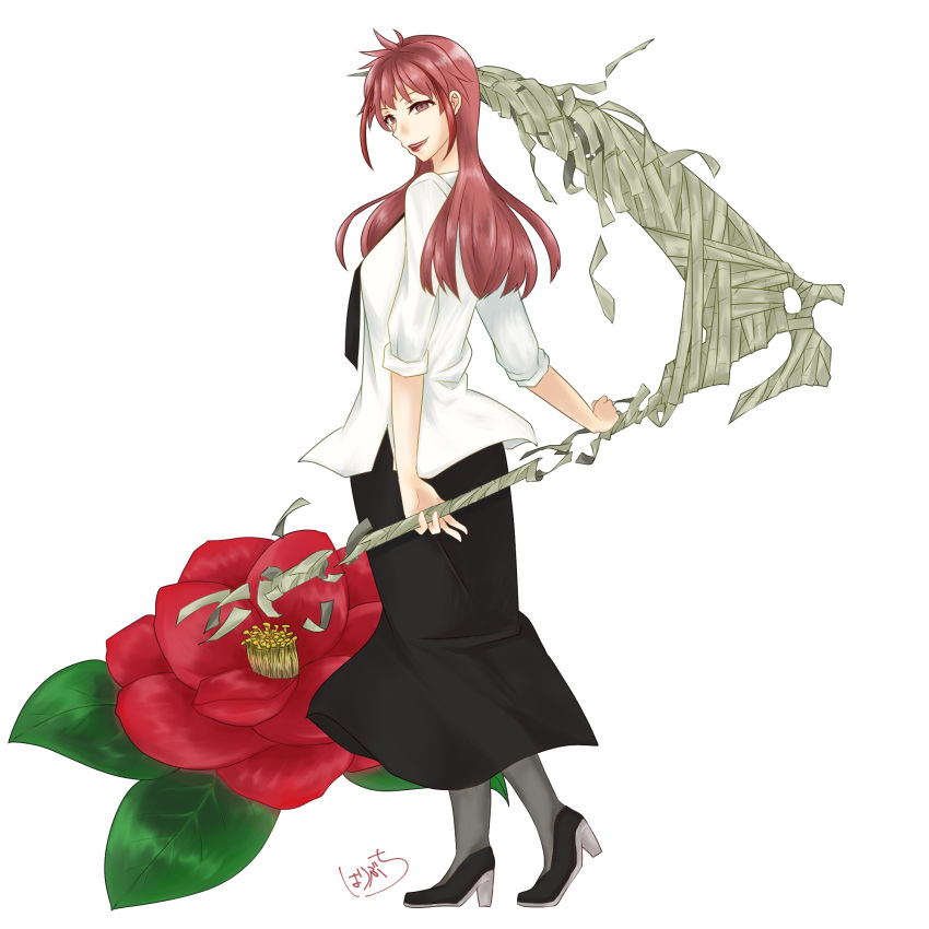 1girl, black_dress, brown_eyes, commentary_request, dress, flower, full_body, grey_pantyhose, haribuchi, high_heels, highres, holding, holding_scythe, kadomori_tsubaki, lipstick, long_hair, makeup, mononogatari, pantyhose, scythe, shirt, solo, white_background