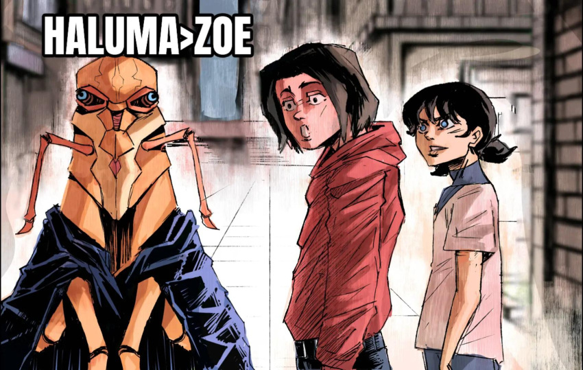 1boy, 2girls, :o, alien, black_cloak, black_hair, blue_eyes, character_name