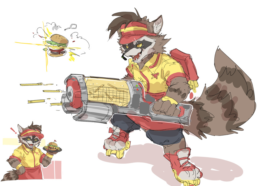 !, 1boy, absurdres, animal_ears, burger, commentary, employee_uniform, fangs
