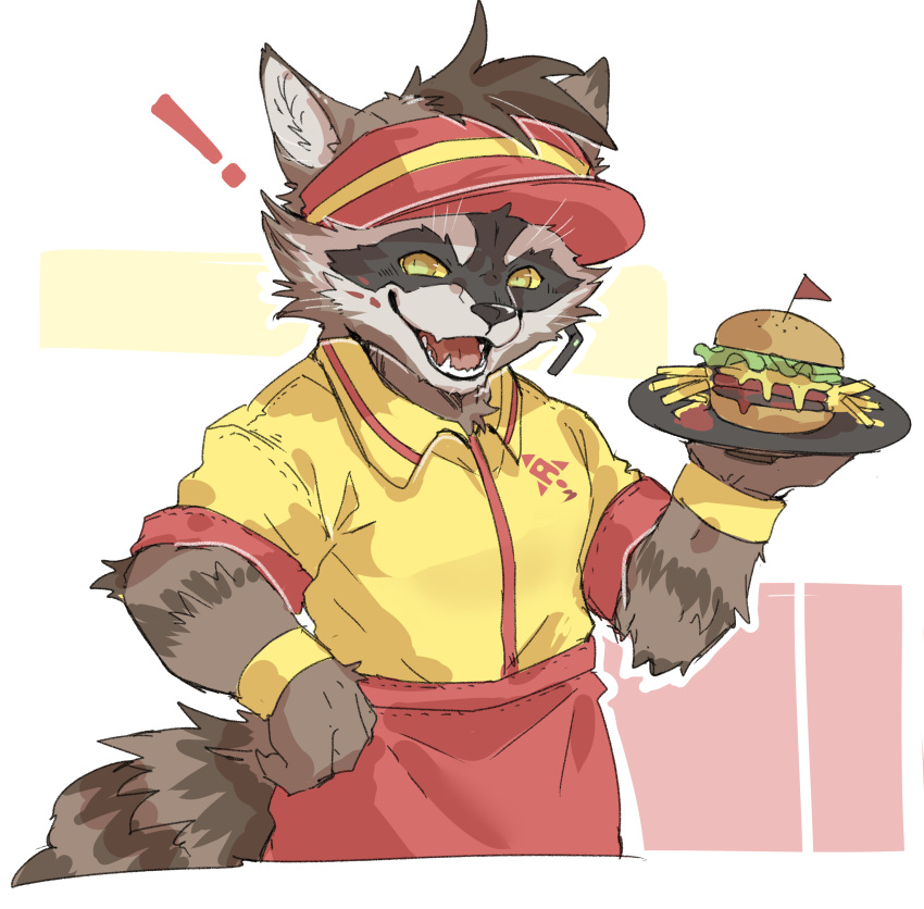 !, 1boy, absurdres, animal_ears, burger, commentary, employee_uniform, fangs