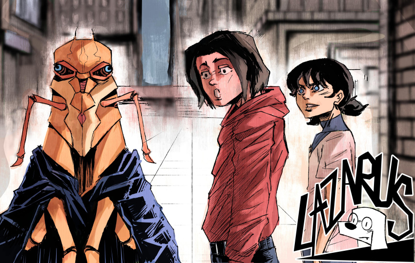 1boy, 2girls, :o, absurdres, alien, artist_name, black_cloak, black_hair