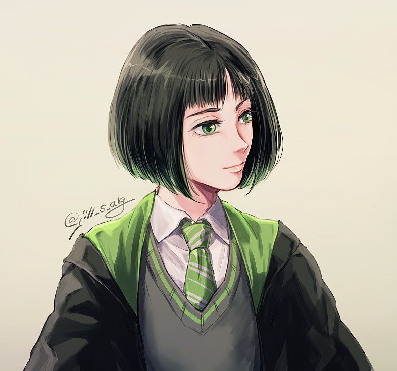 1girl, :|, artist_name, black_hair, black_robe, blunt_bangs, blunt_ends, bob_cut
