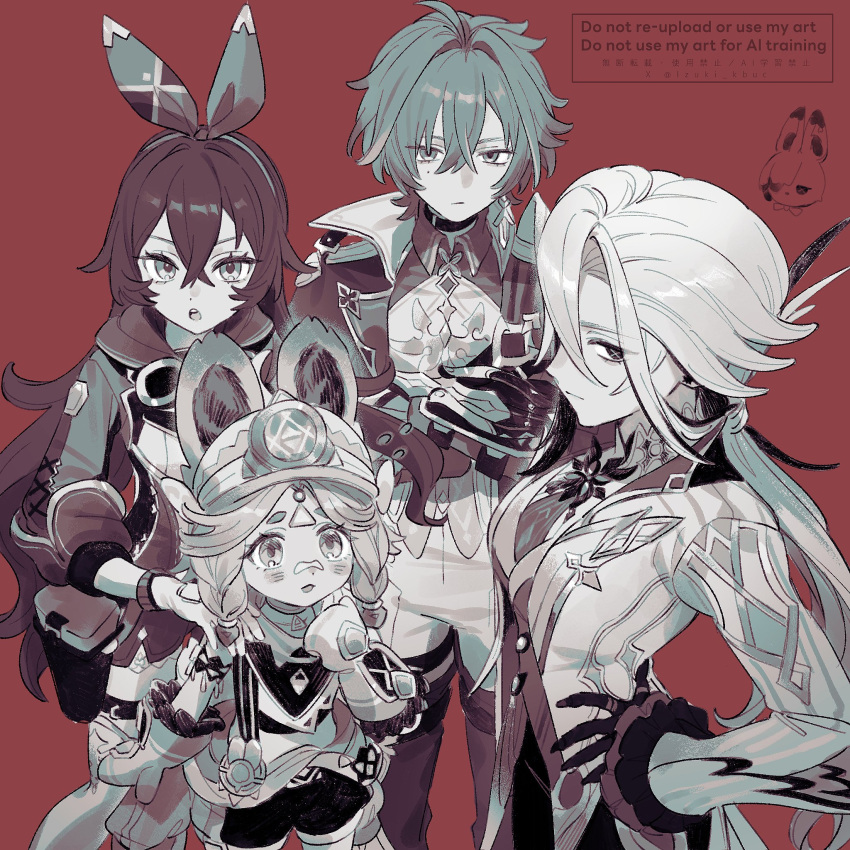 1boy, 39_iduki, 3girls, amber_(genshin_impact), arlecchino_(genshin_impact), black_eyes, black_hair, black_hands
