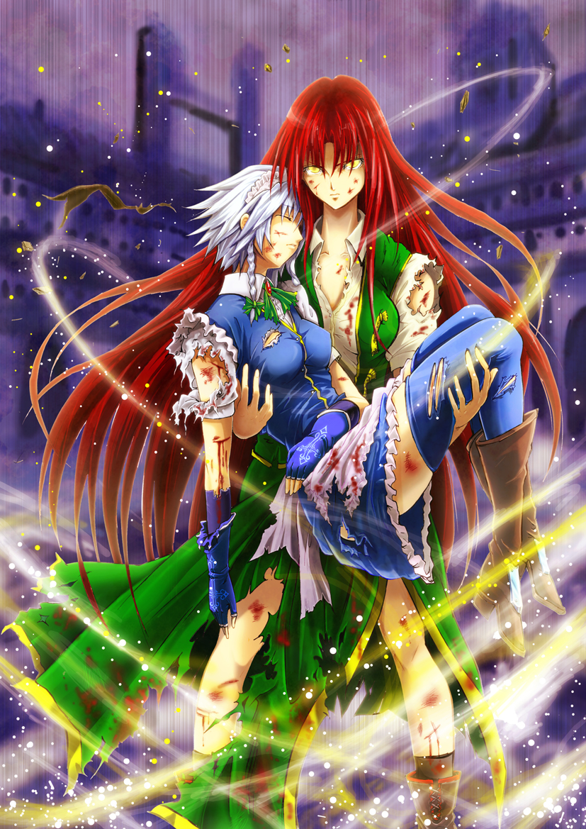 angry, bad_proportions, blood, blue_legwear, boots, braid, carrying, china_dress