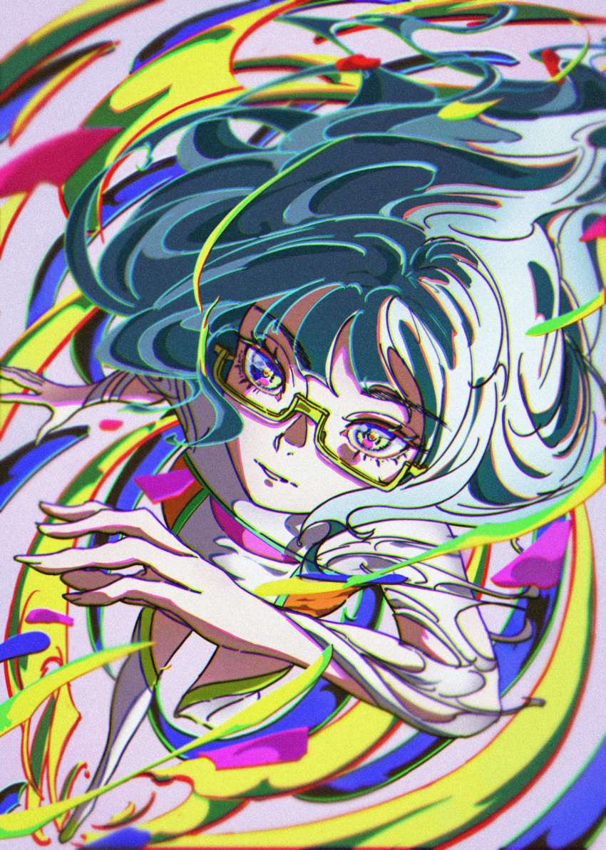 1girl, absurdres, belt, blue_eyes, boots, chromatic_aberration, dress, film_grain