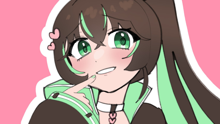 :d, brown_hair, cheesiestgirl, choker, finger_to_mouth, green_eyes, green_hair, green_nails