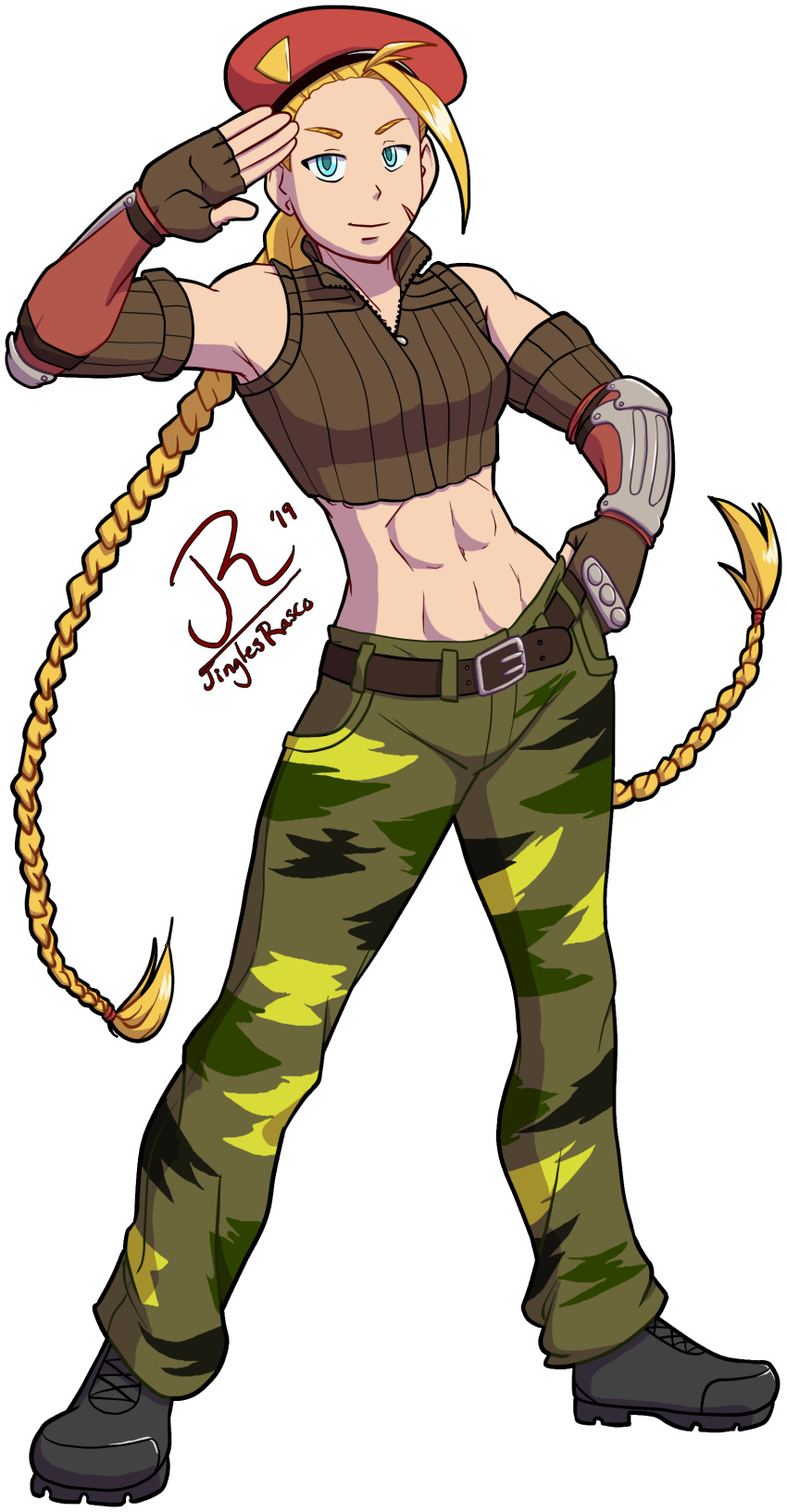 1girl, abs, absurdres, belt, beret, black_boots, blonde_hair, blue_eyes