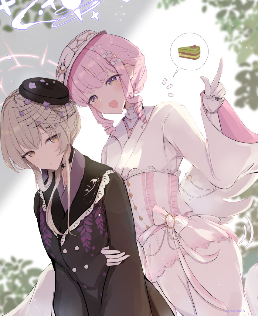 2girls, absurdres, arm_hug, black_hat, black_kimono, blue_archive, brown_eyes, brown_hair