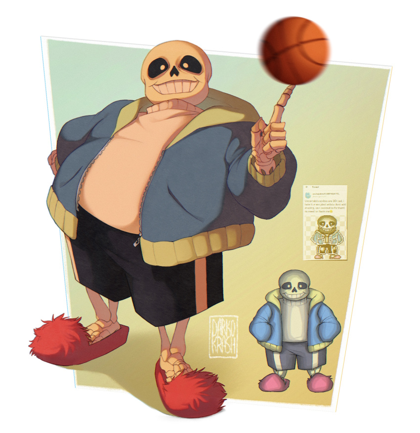 1boy, artist_logo, artist_name, balancing_on_finger, ball, basketball_(object), black_shorts, blue_jacket